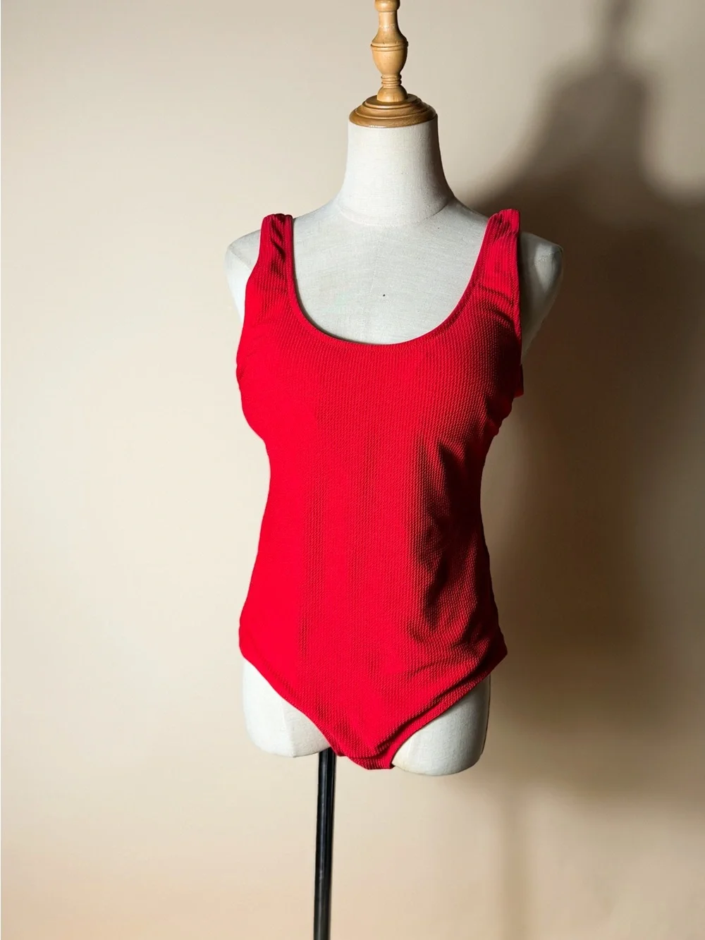 H&M Red Ribbed Classic Scoopback One Piece Swimsuit Medium